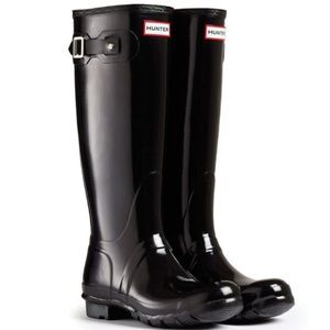 Glossy Black Tall Hunter Boots Size 8